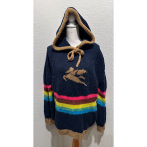 ETRO Knit Sweater Hoodie Rainbow Stripes Pegasus Navy Women Sz 46 US XL Italy